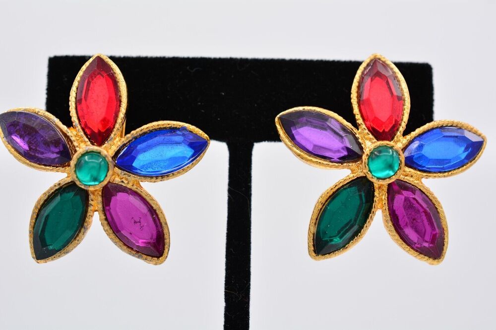 Vintage Cabochon Flower Clip Earrings Crystal Chunky Heavy Gold 1980s BinA2